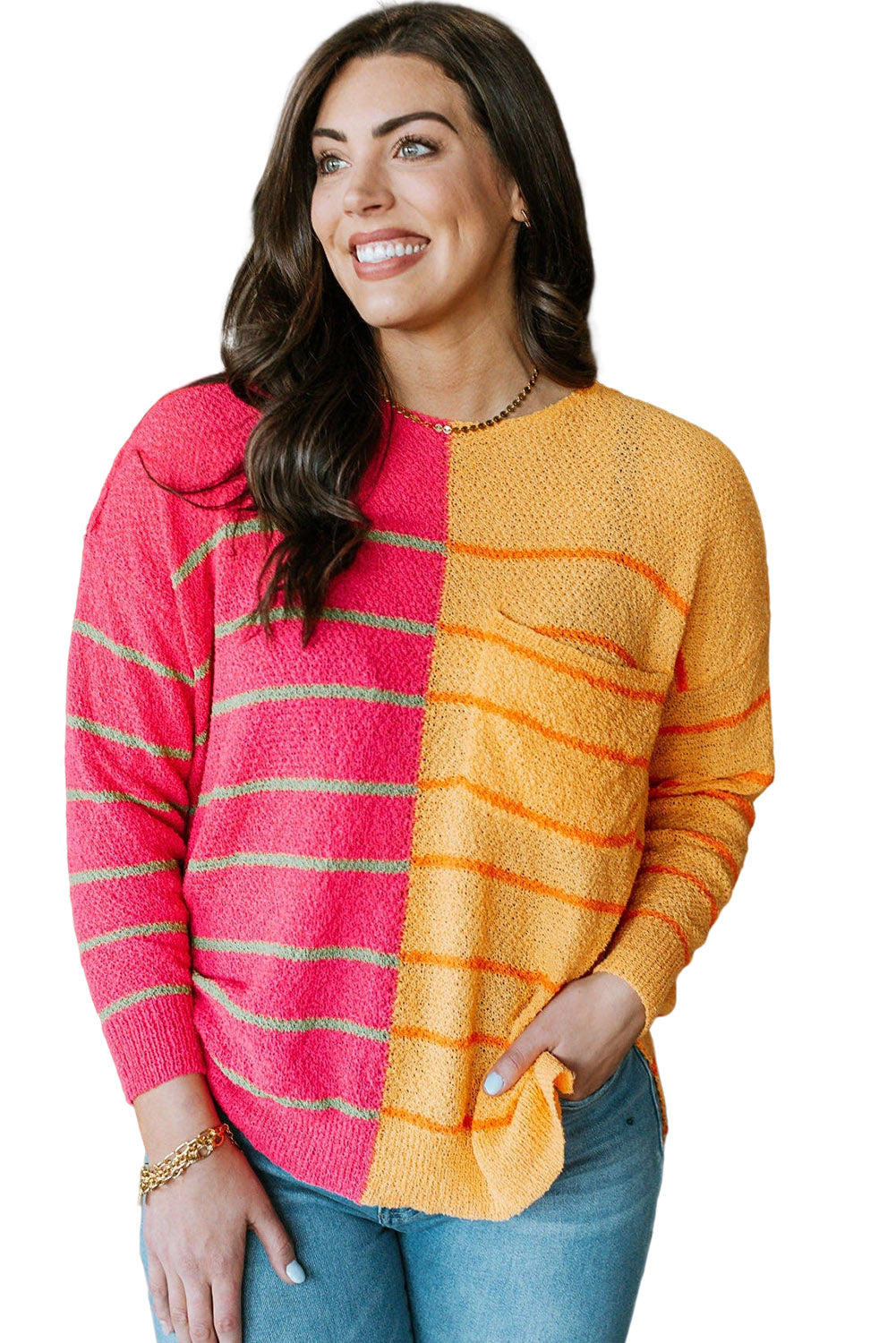 Yellow Red Striped Knit Chest Pocketed Plus Size Sweater Plus Size JT's Designer Fashion