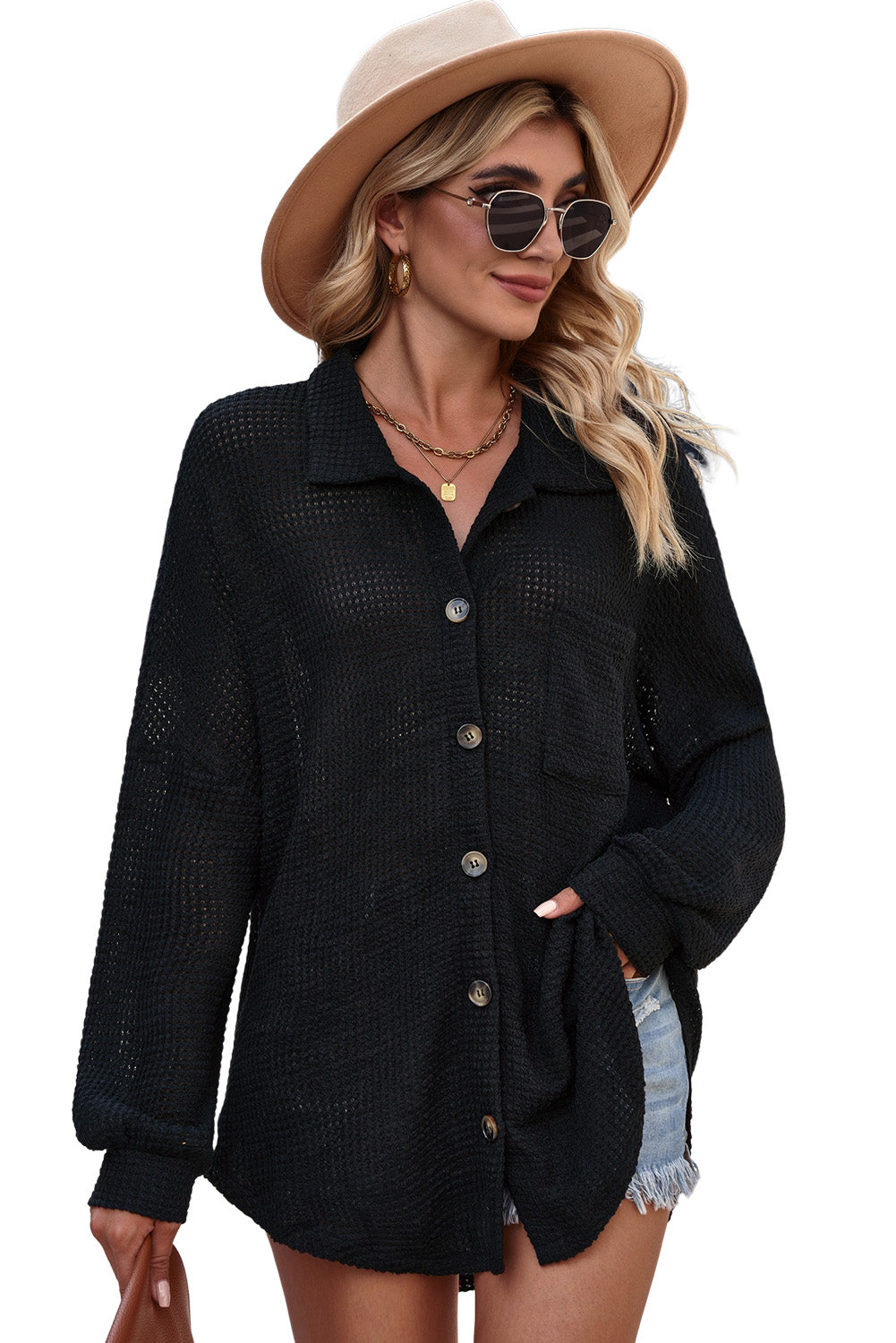 Black Waffle Knit Button Up Casual Shirt Tops & Tees JT's Designer Fashion