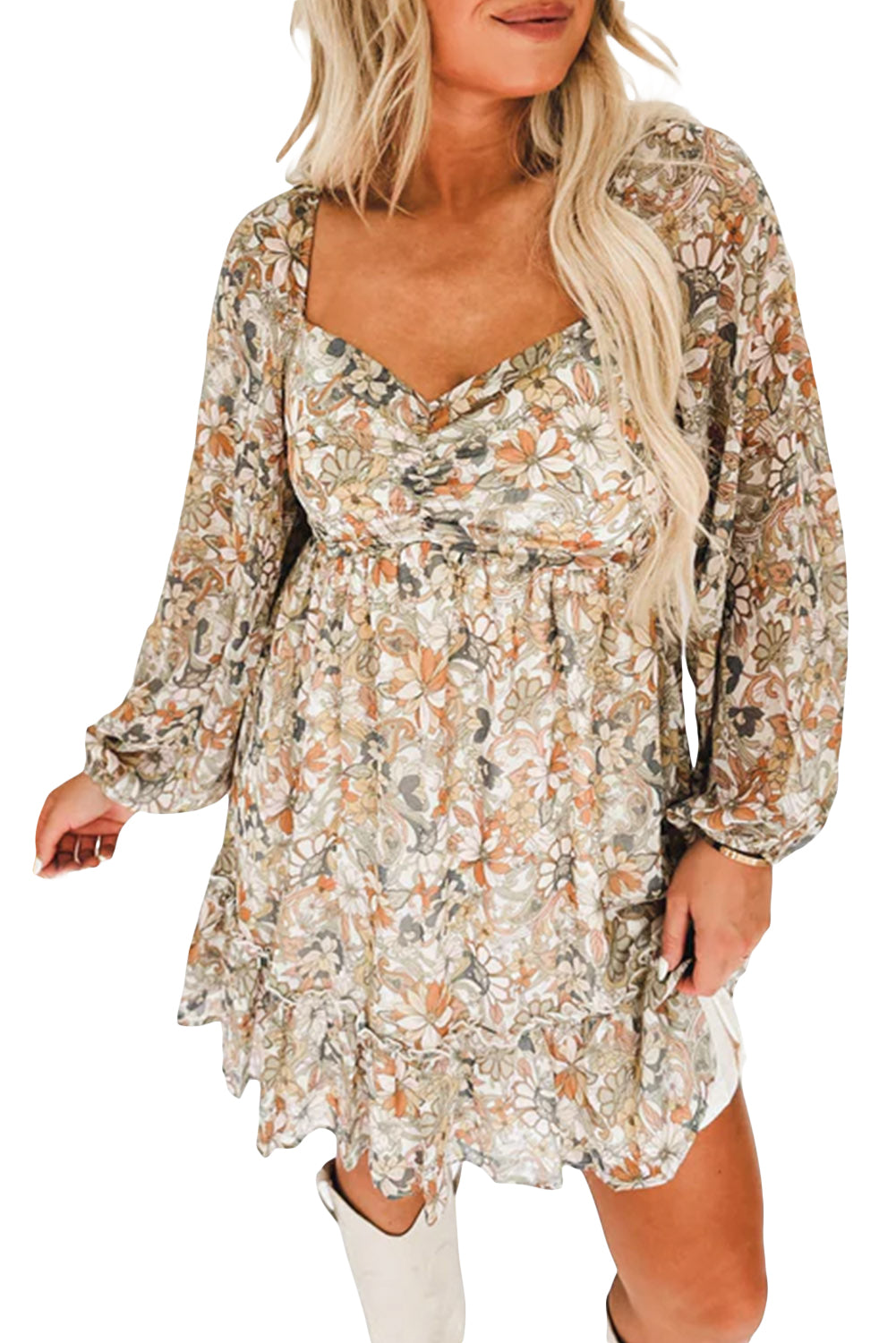 Floral Print Smocked Back Puff Sleeve Mini Dress Floral Dresses JT's Designer Fashion