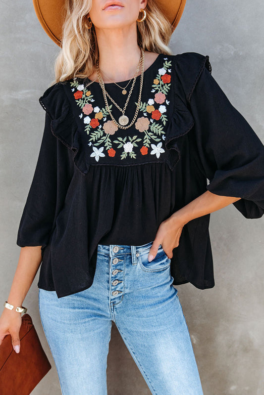 Black Bohemian Floral Embroidered Ruffled Babydoll Top Blouses & Shirts JT's Designer Fashion