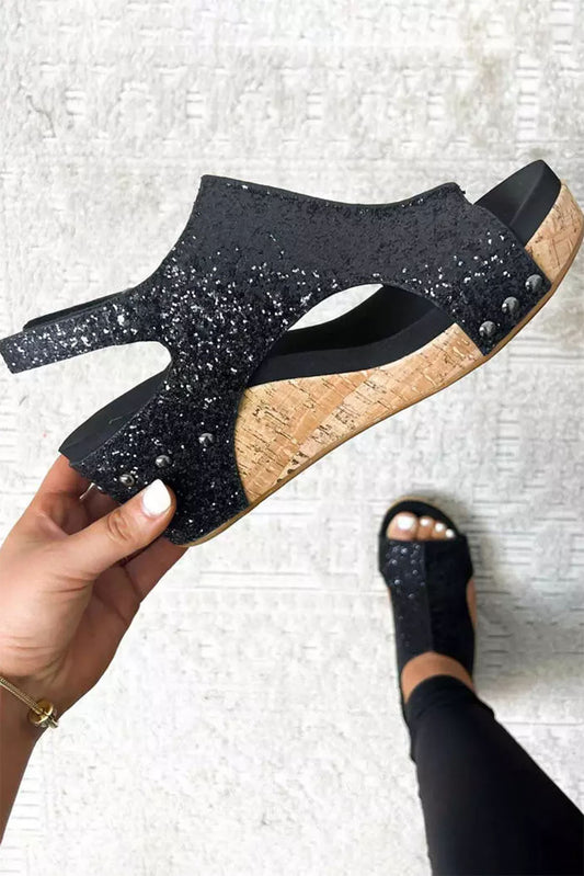 Black Buckle Hollow Out Sequin Wedge Sandals Sandals JT's Designer Fashion