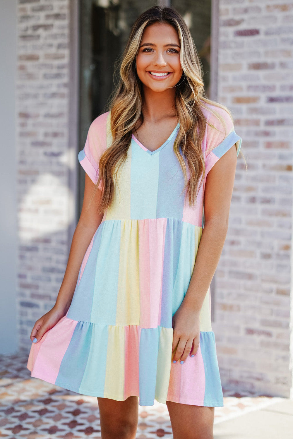 Multicolor Striped Color Block Tiered Mini Dress Mini Dresses JT's Designer Fashion