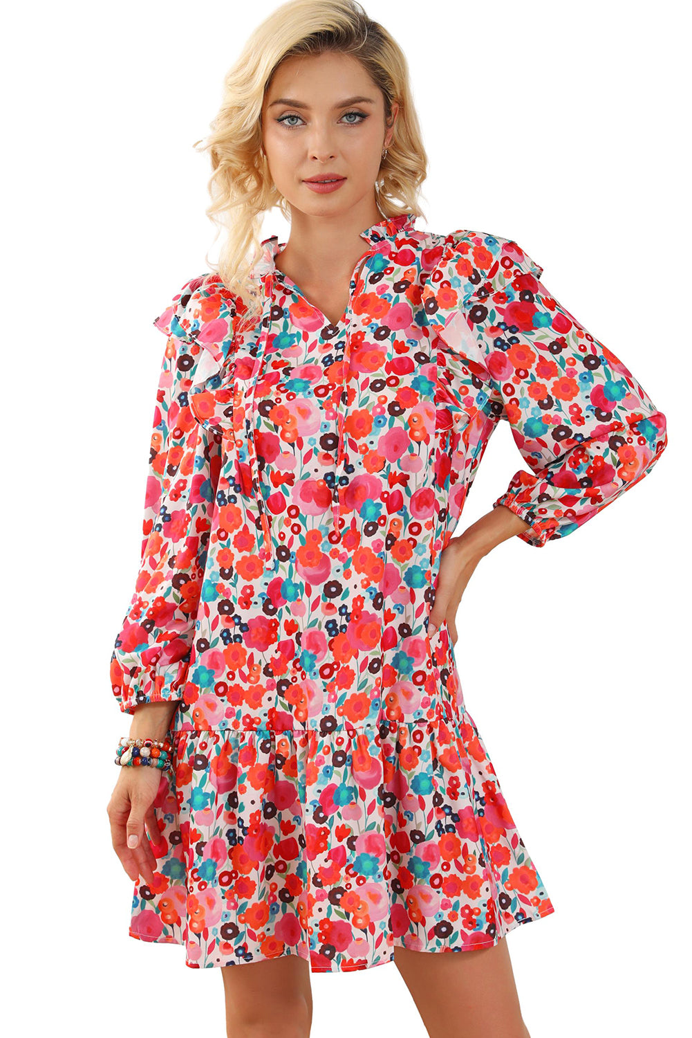 Multicolour Ruffle Split Neck Floral Long Sleeve Dress Floral Dresses JT's Designer Fashion