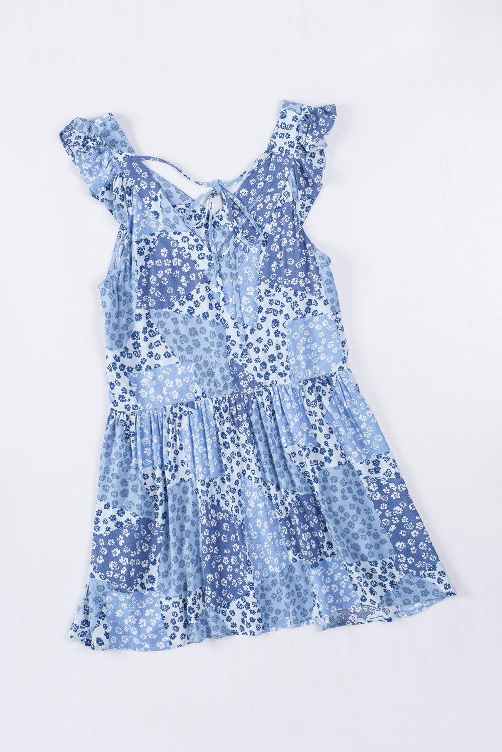 Sky Blue Floral Print Lace-up Open Back Ruffled V Neck Babydoll Dress Floral Dresses JT's Designer Fashion