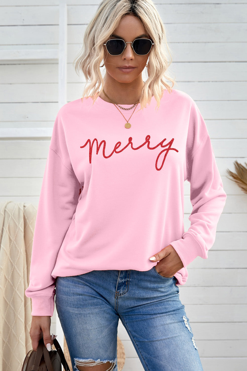 Pink Merry Letter Print Long Sleeve Pullover Sweatshirt Graphic Sweatshirts JT's Designer Fashion