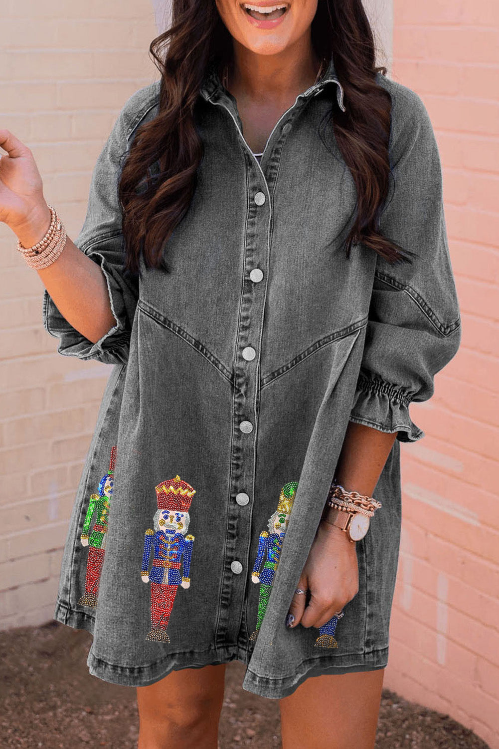 Gray Sequin Nutcracker Graphic Long Sleeve Shirt Denim Dress Graphic Dresses JT's Designer Fashion