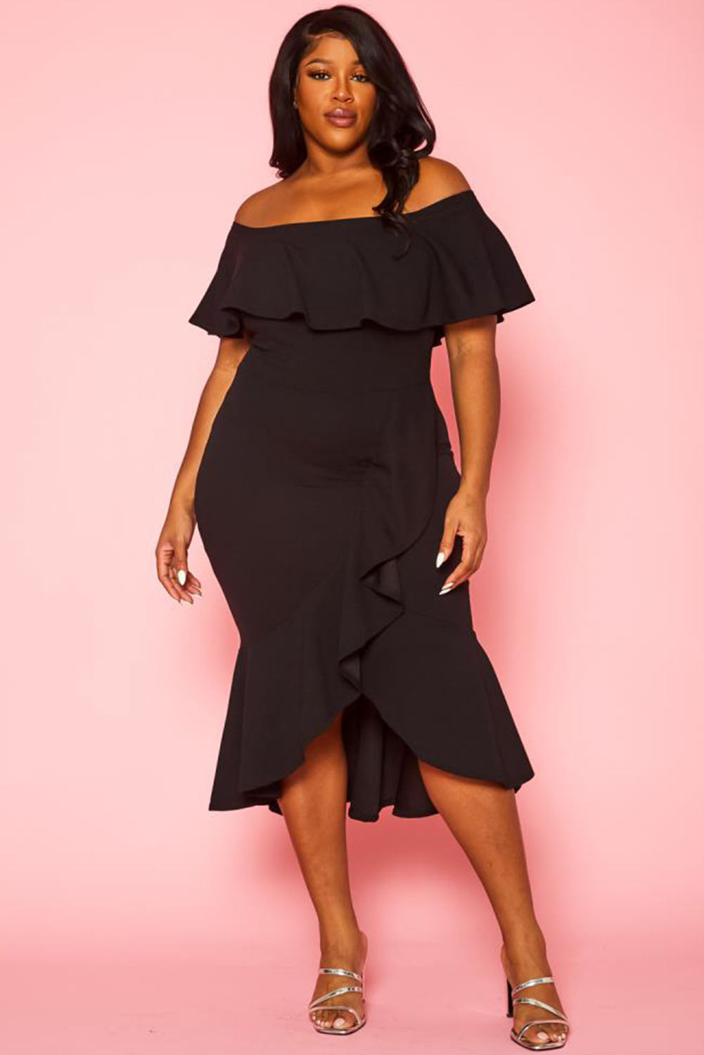 Black Ruffled Off Shoulder High Low Plus Size Dress Plus Size JT's Designer Fashion