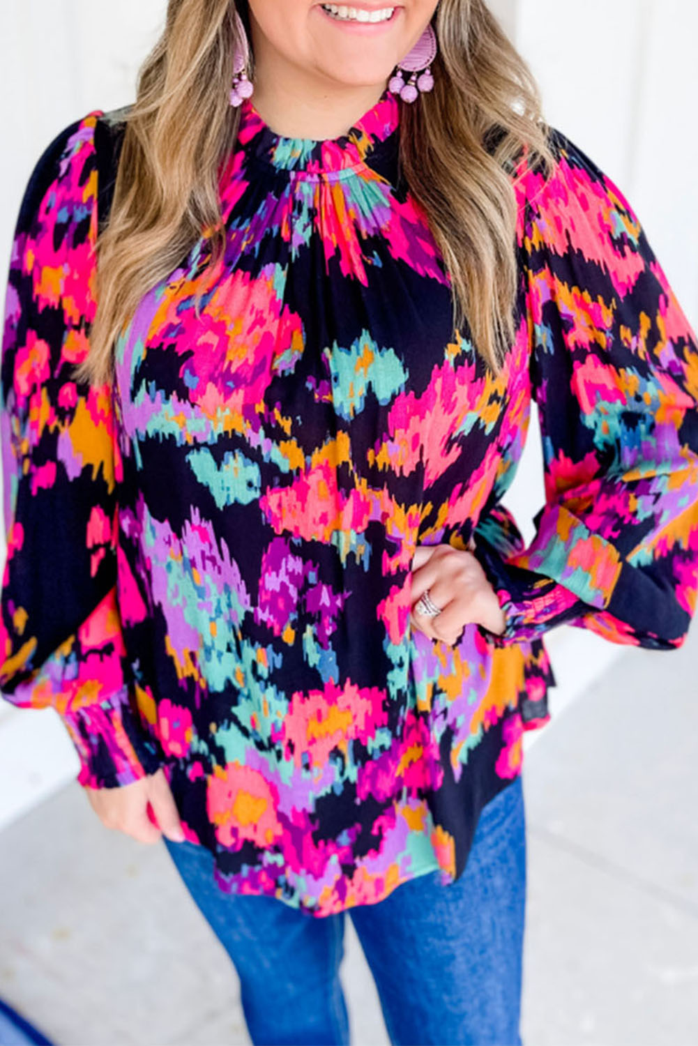 Black Plus Size Abstract Print Bubble Sleeve Blouse Plus Size JT's Designer Fashion