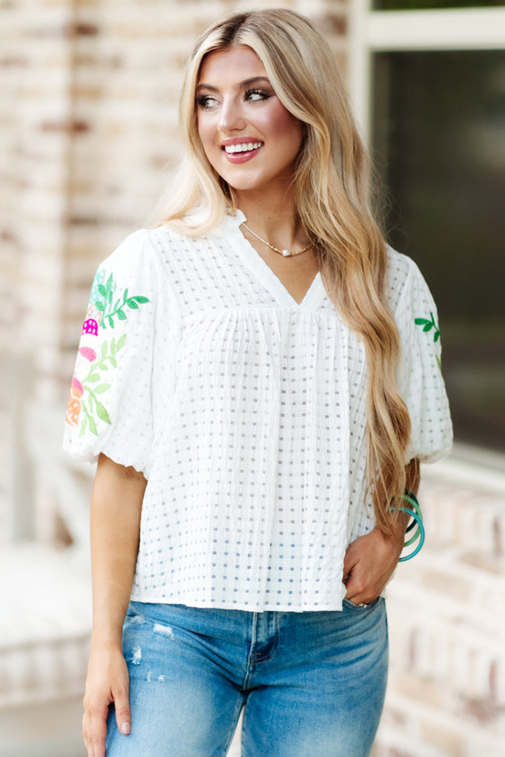 White Floral Embroidered Puff Sleeve Notched Neck Blouse Tops & Tees JT's Designer Fashion