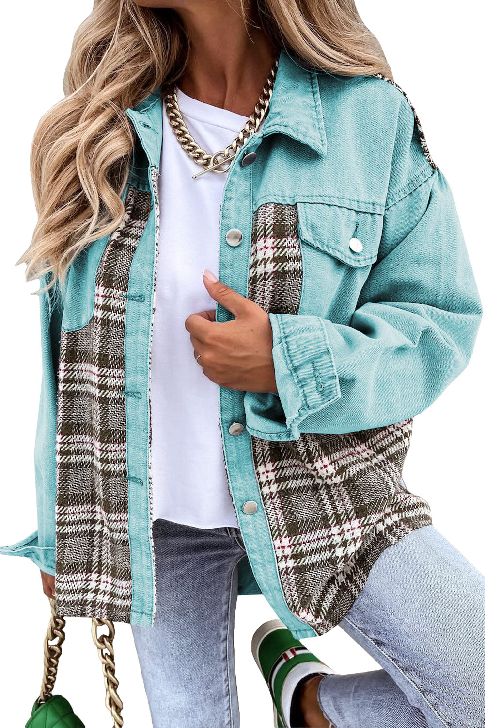 Sky Blue White Plaid Patchwork Pockets Denim Jacket Denim jackets JT's Designer Fashion