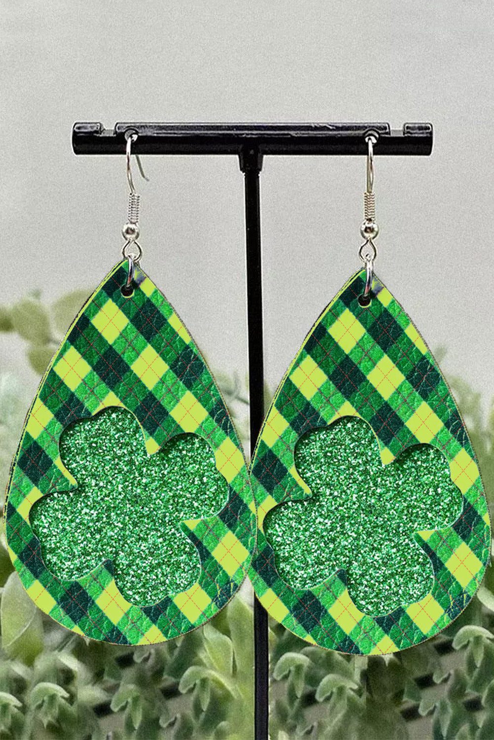 Green St. Patricks Day Lucky Shamrock Glitter Plaid Earrings Jewelry JT's Designer Fashion