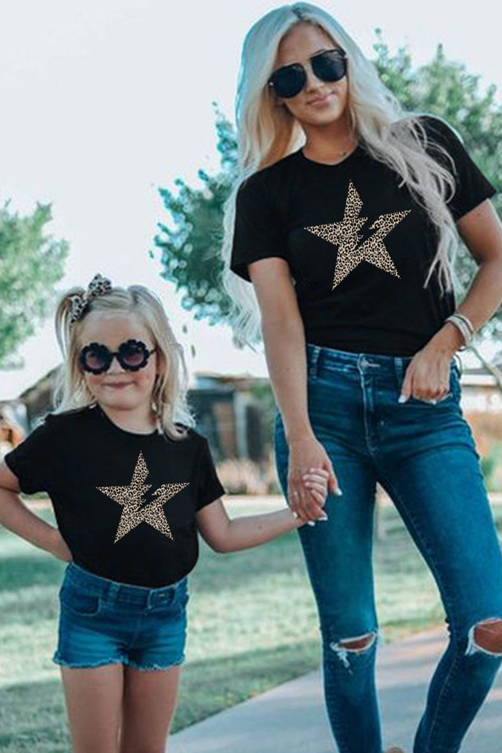 Black Leopard Star Lightning Print Short Sleeve Graphic Tee Family T-shirts JT's Designer Fashion