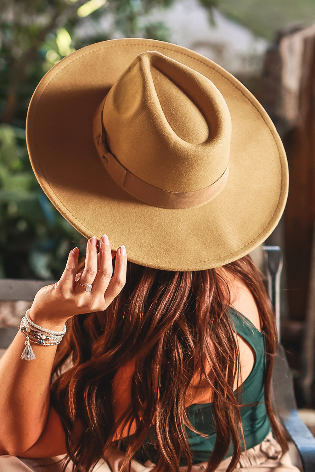 Khaki Flat Brim Ribbon Strap Fashion Fedora Hat Hats & Caps JT's Designer Fashion