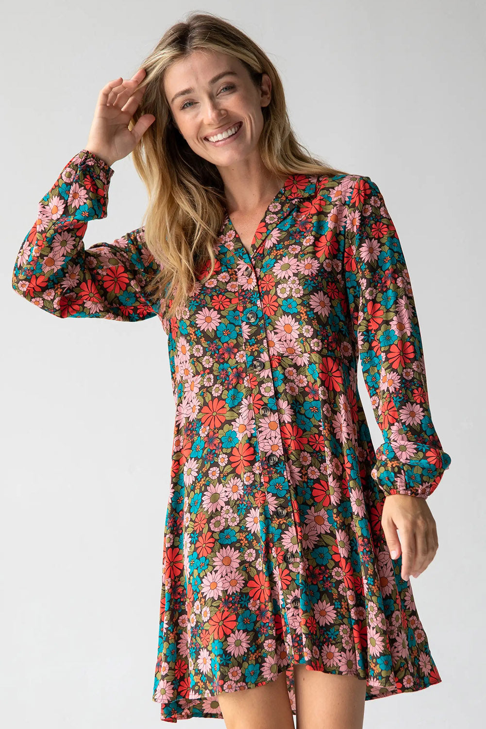 Multicolour Vibrant Floral Print Lapel Collar Flared Shirt Dress Dresses JT's Designer Fashion