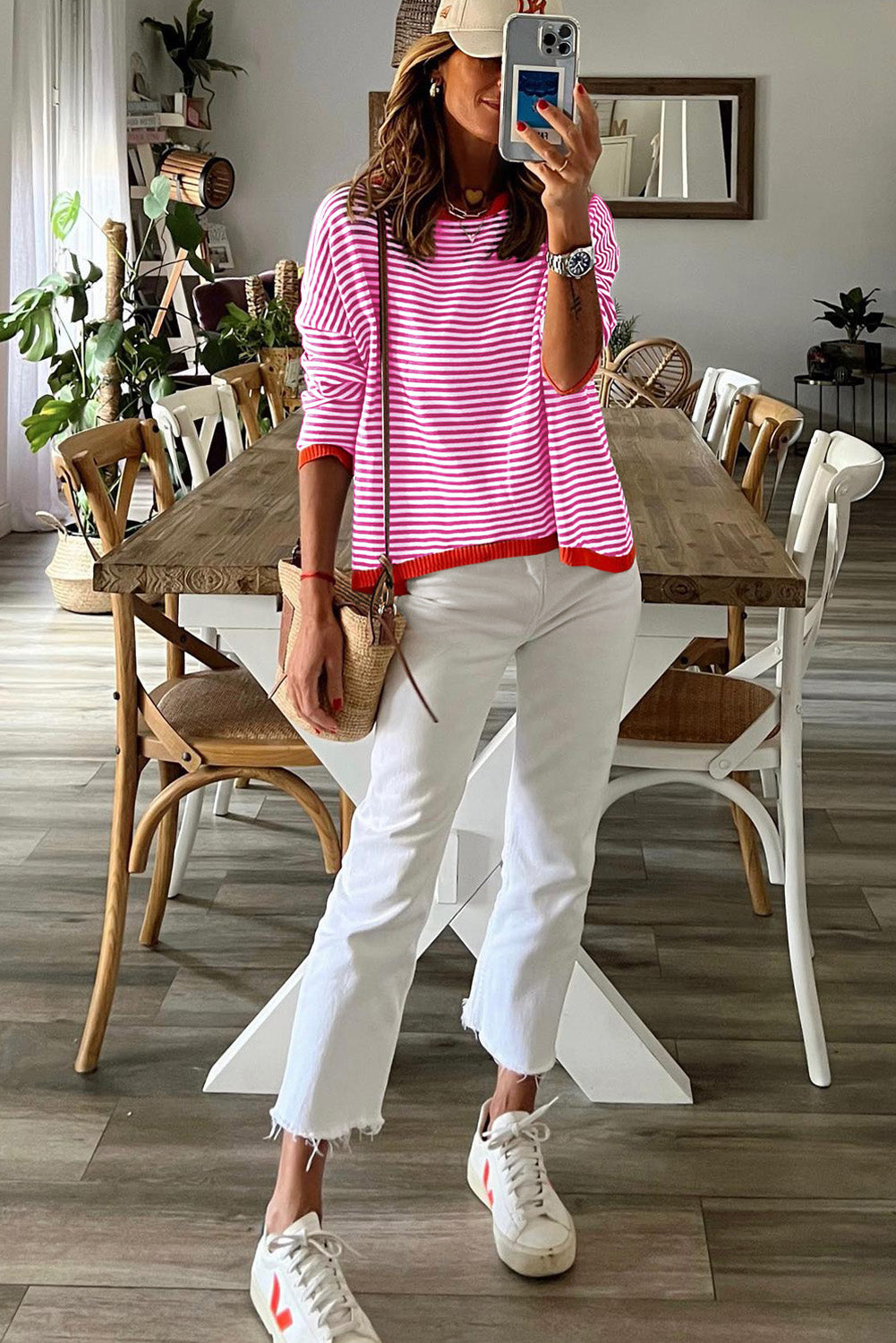 Pink Contrast Trimmed Striped Drop Shoulder Sweater Pre Order Sweaters & Cardigans JT's Designer Fashion