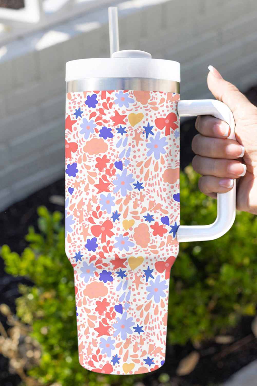 White Festive Printed Stainless Thermos Cup with Handle Tumblers JT's Designer Fashion