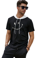 Black Funny Smile Face Print Short Sleeve Hooded Tee Men's Tops JT's Designer Fashion