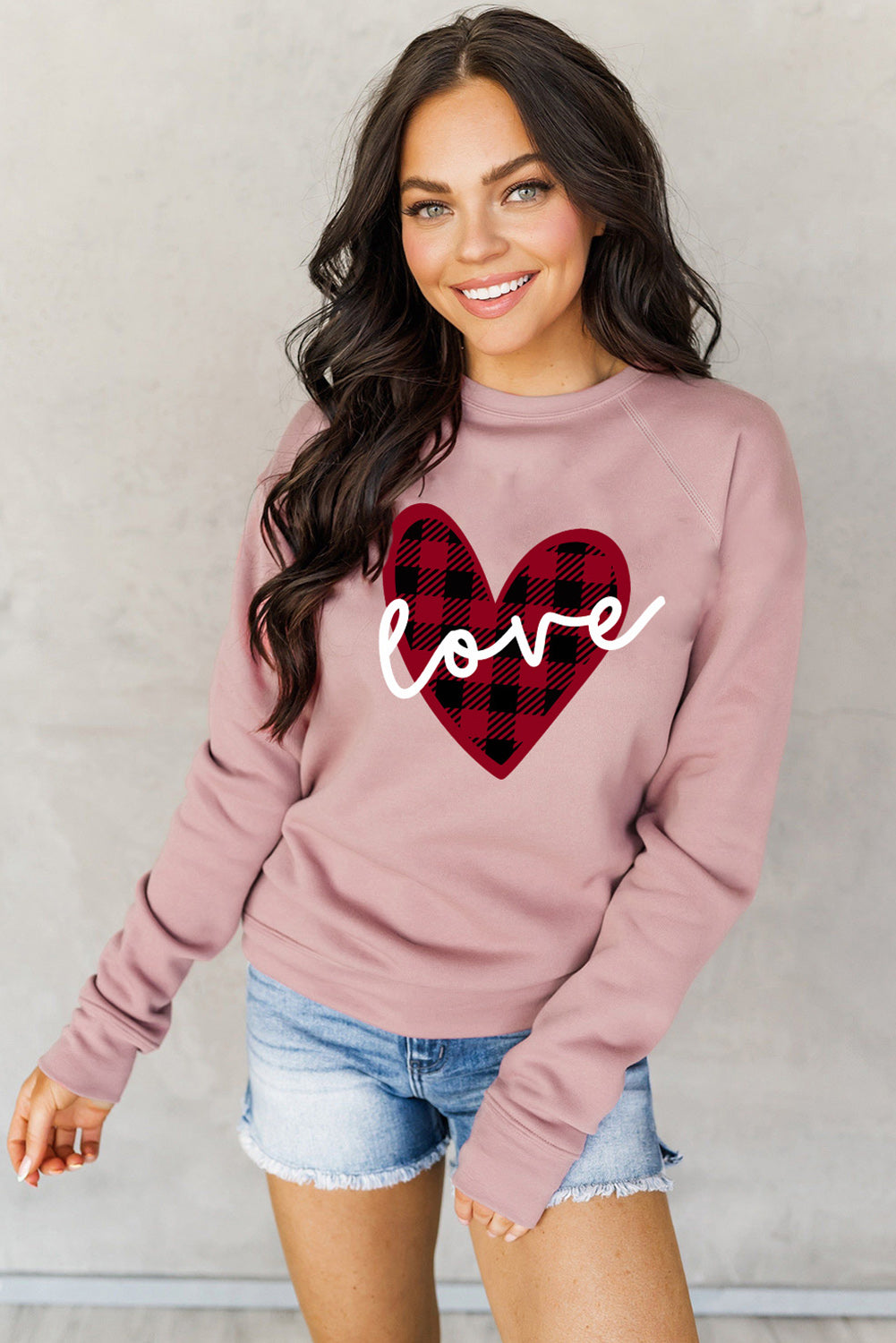 Pink love Heart Shape Plaid Print Raglan Sleeve Sweatshirt Graphic Sweatshirts JT's Designer Fashion