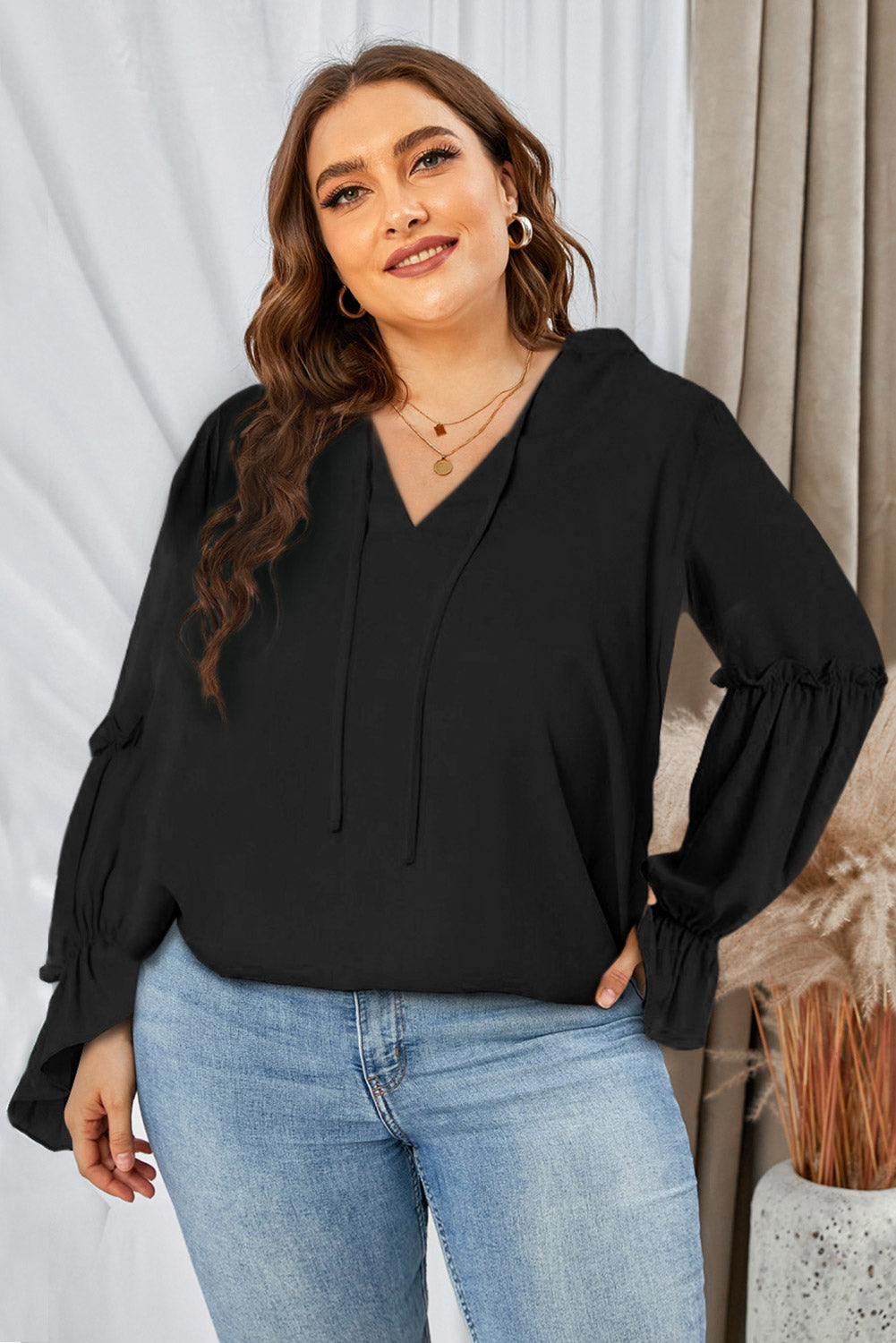 Black Plus Size Split Neck Ruffle Sleeve Blouse Plus Size JT's Designer Fashion