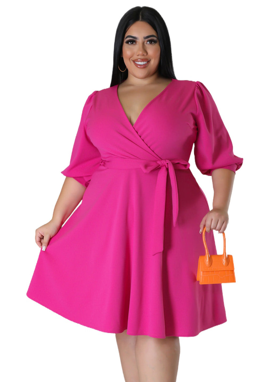 Rose Plus Size V Neck Wrap Puff Sleeve Dress Plus Size JT's Designer Fashion