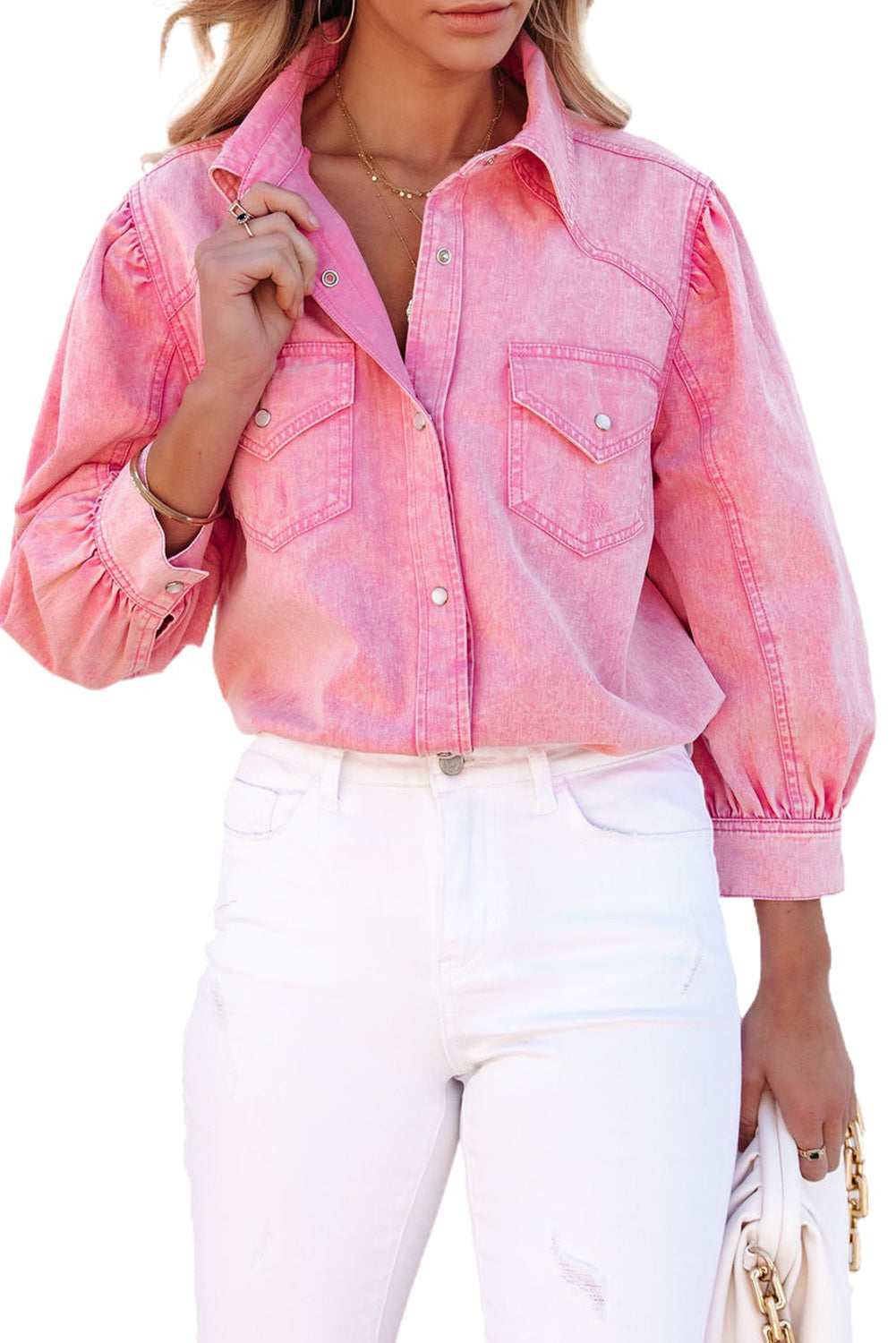 Barbie Style Pink Acid Washed Snap Buttons Denim Shirt Blouses & Shirts JT's Designer Fashion