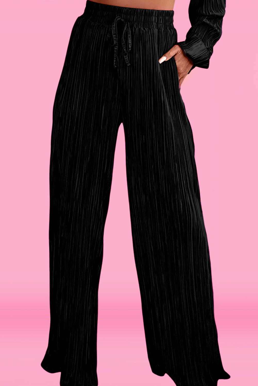 Black Pleated Long Sleeve Shirt and Wide-Leg Pants Set Bottoms JT's Designer Fashion