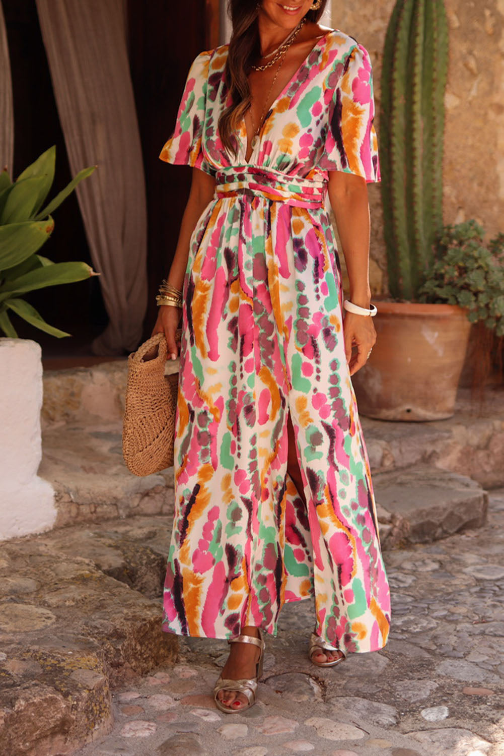 Pink Boho Tie-dye Print V Neck Maxi Dress Dresses JT's Designer Fashion