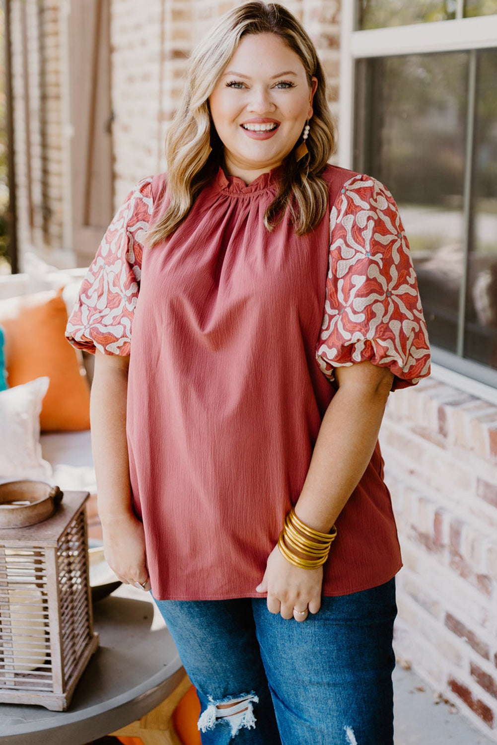 Peach Blossom Contrast Embroidered Sleeve Plus Size Blouse Plus Size JT's Designer Fashion