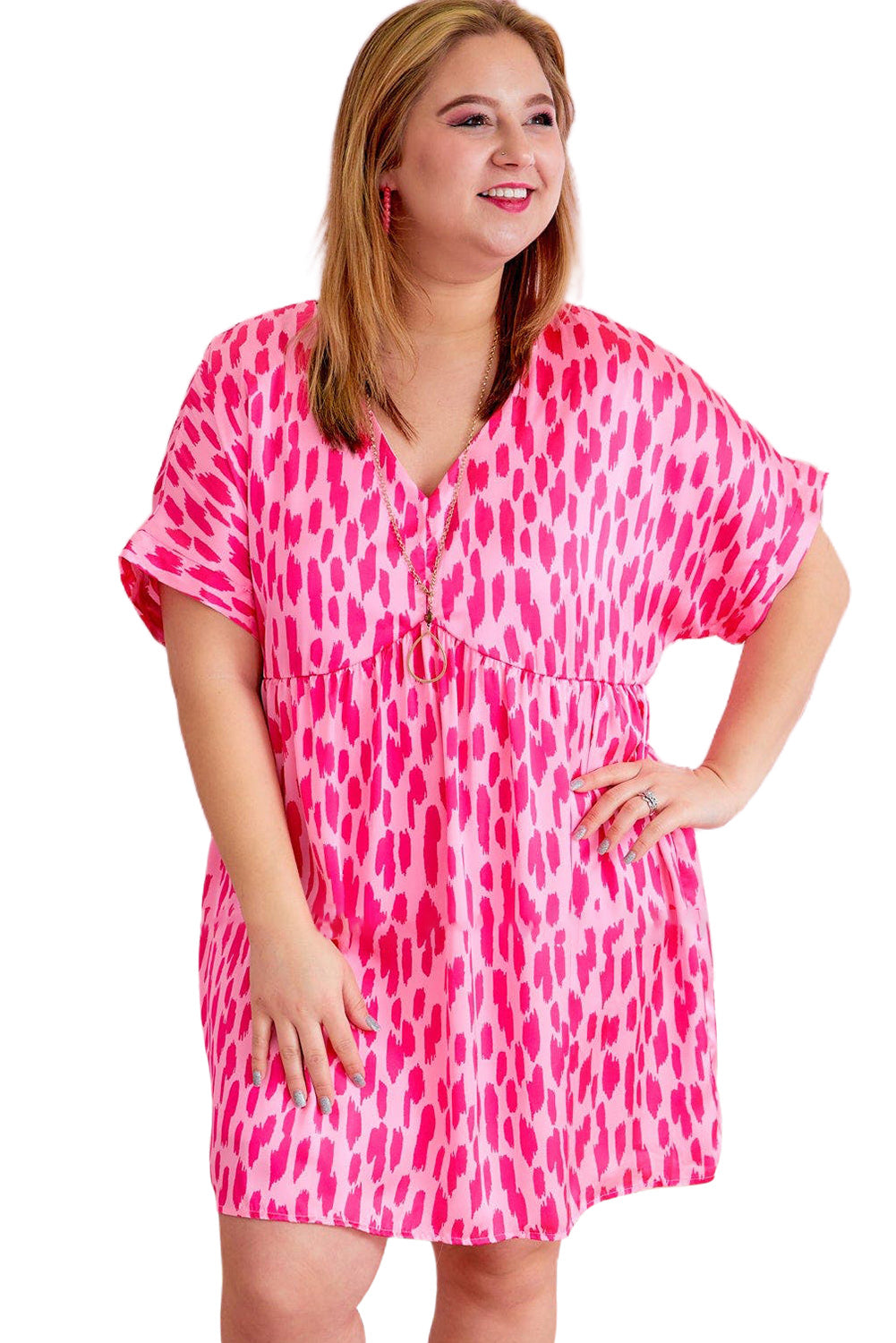 Pink Leopard Print V Neck Plus Size Babydoll Mini Dress Mini Dresses JT's Designer Fashion