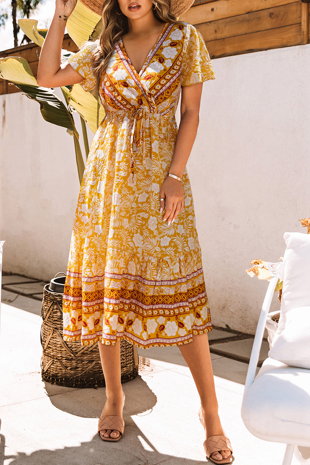 Yellow Floral Wrapped V Neck Tied Ruffled Sleeves Midi Dress Floral Dresses JT's Designer Fashion