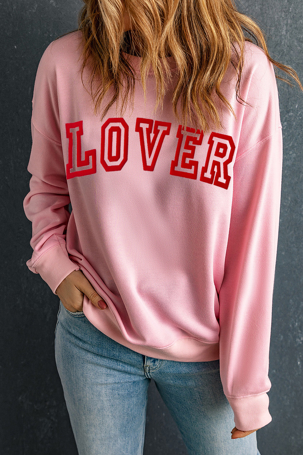 Pink LOVER Puff Print Drop Shoulder Pullover Sweatshirt Pink 70%Polyester+30%Cotton Graphic Sweatshirts JT's Designer Fashion