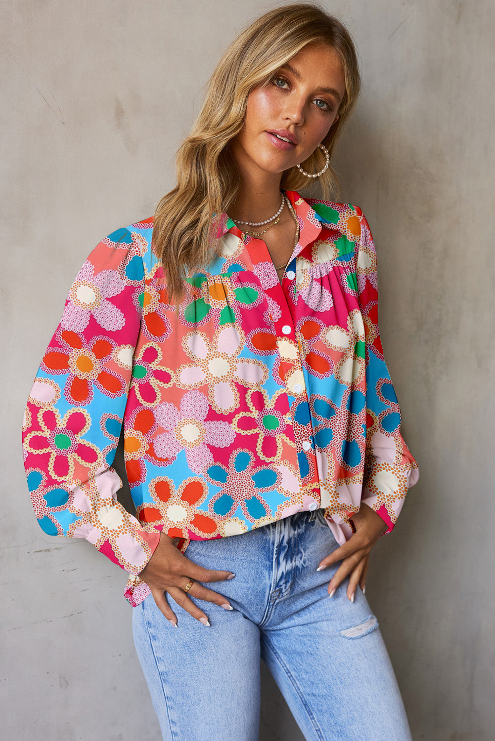 Multicolor Floral Print Bubble Sleeve Shirt Tops & Tees JT's Designer Fashion