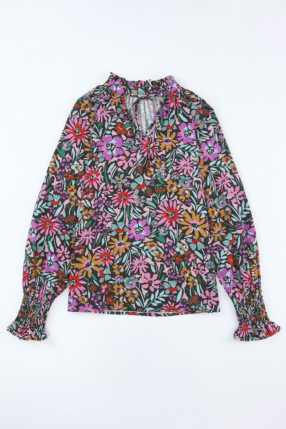 Multicolor Floral Print Ruffled Long Sleeve V-Neck Blouse Blouses & Shirts JT's Designer Fashion