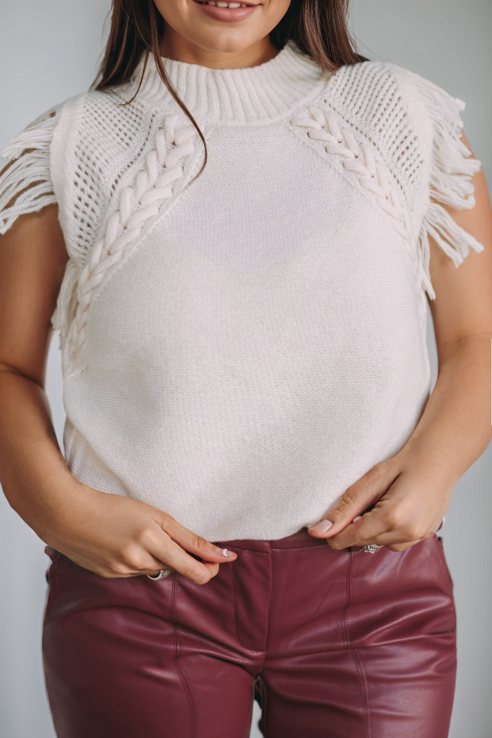 White Plus Size Braided Accent Fringed Short Sleeve Sweater Plus Size JT's Designer Fashion