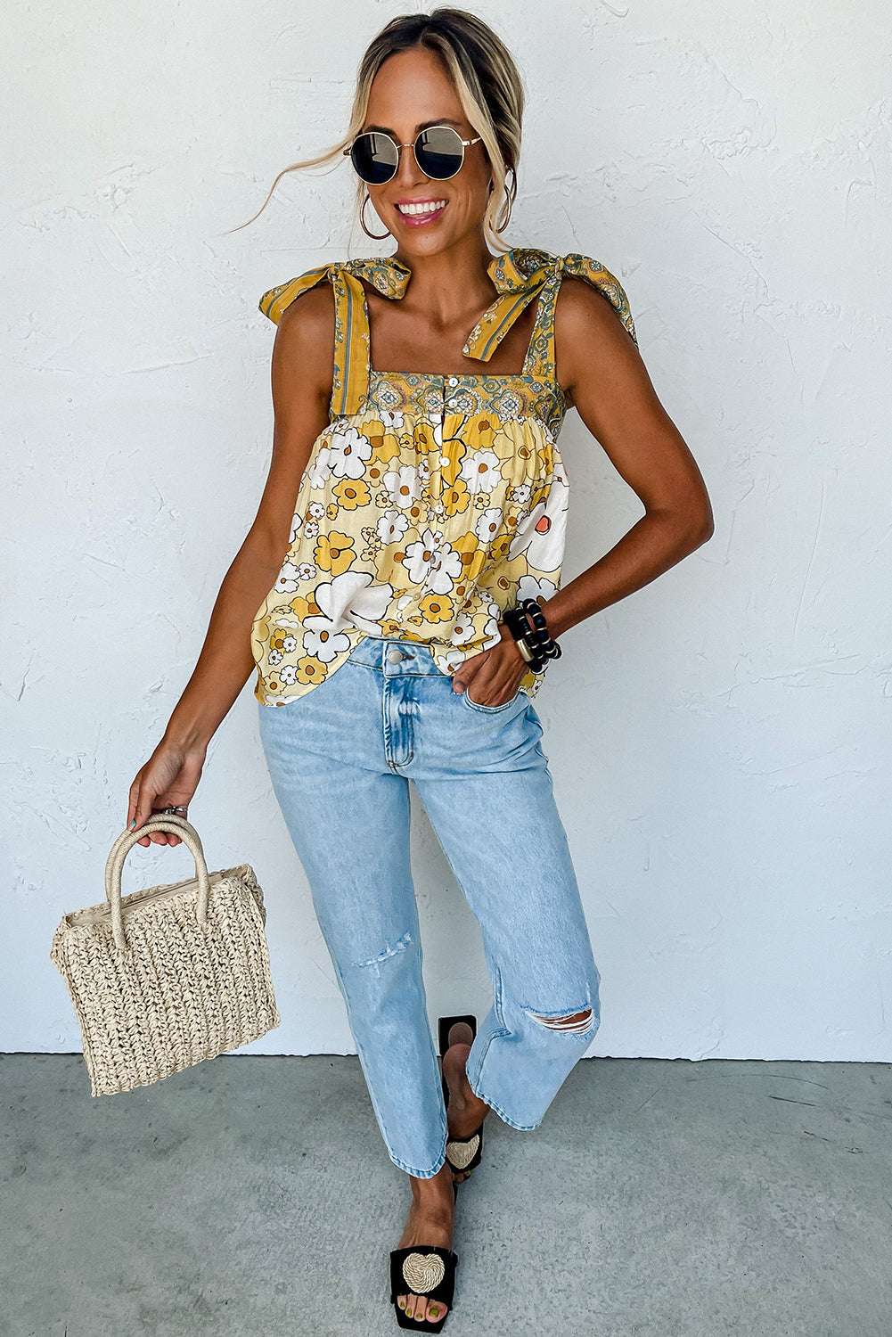 Yellow Floral Patch Tied Straps Buttoned Tank Top Tops & Tees JT's Designer Fashion