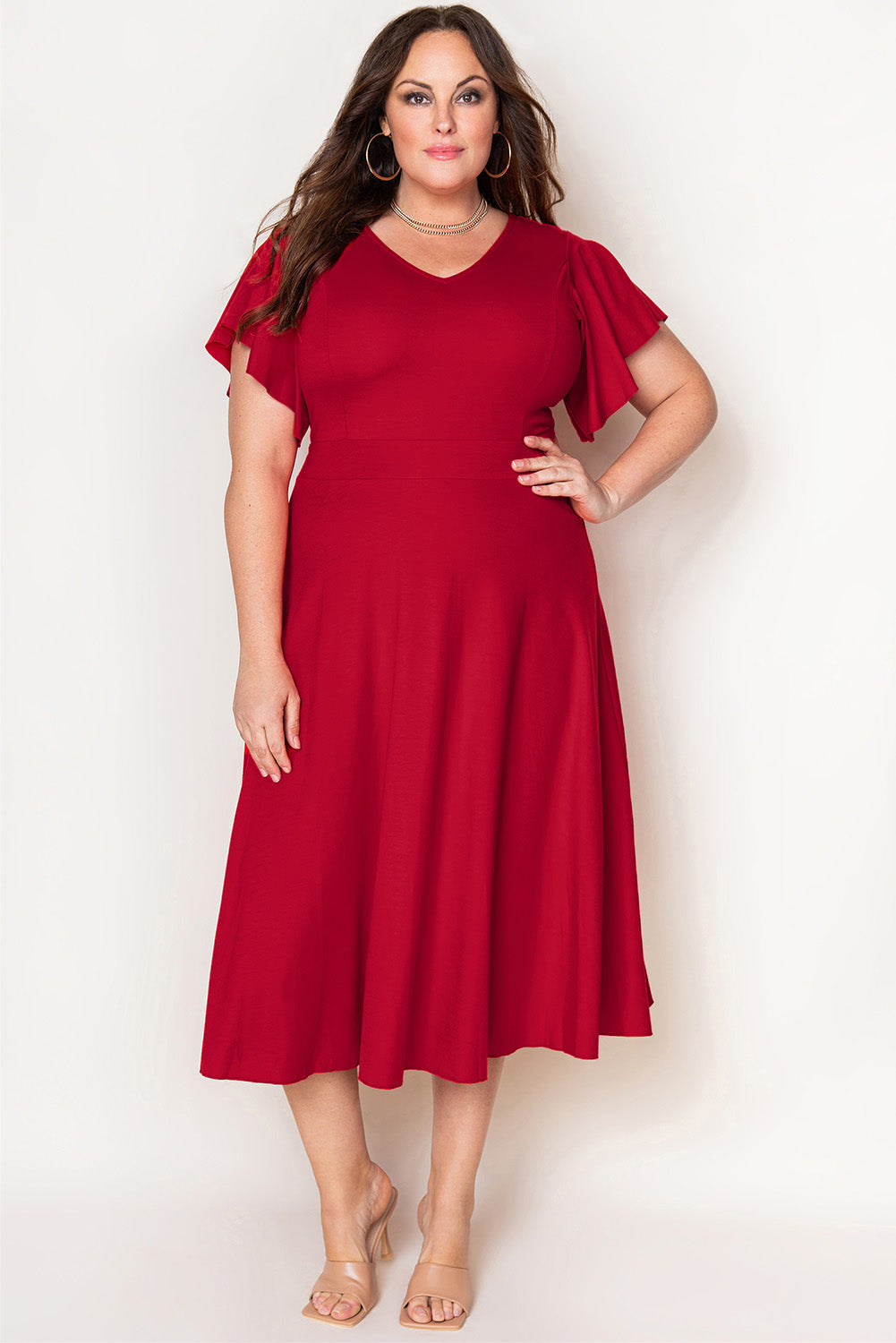 Red Plus Size Short Flutter Sleeve Midi Dress Plus Size Dresses JT's Designer Fashion