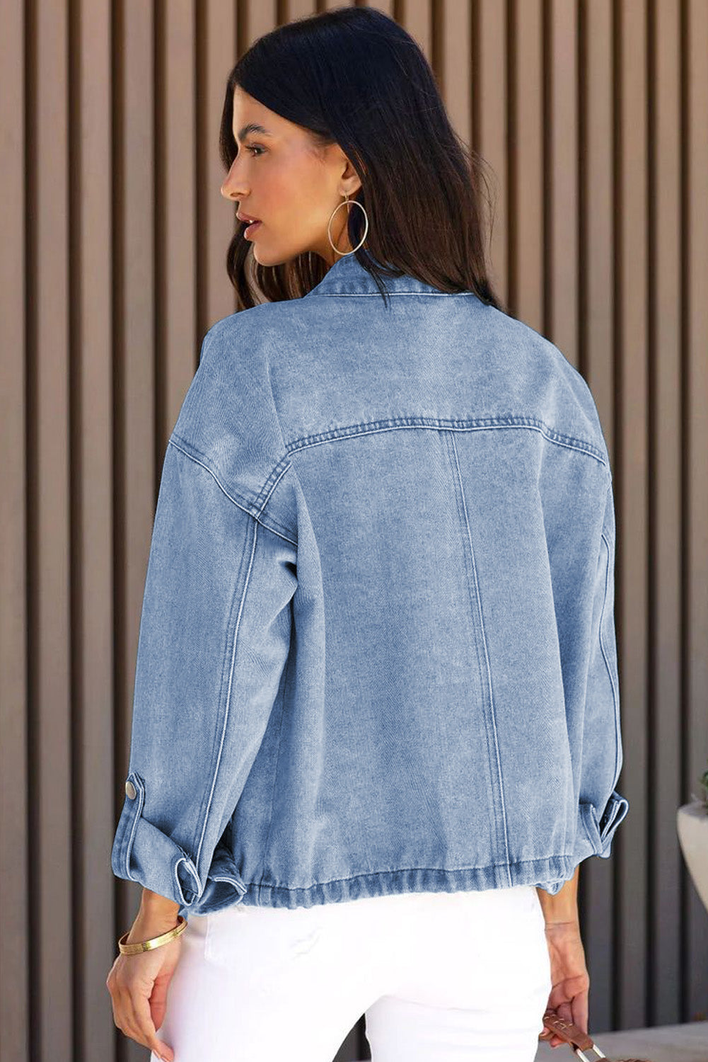 Sky Blue Roll-Up Tab Sleeve Snap Button Pocket Denim Jacket Denim jackets JT's Designer Fashion