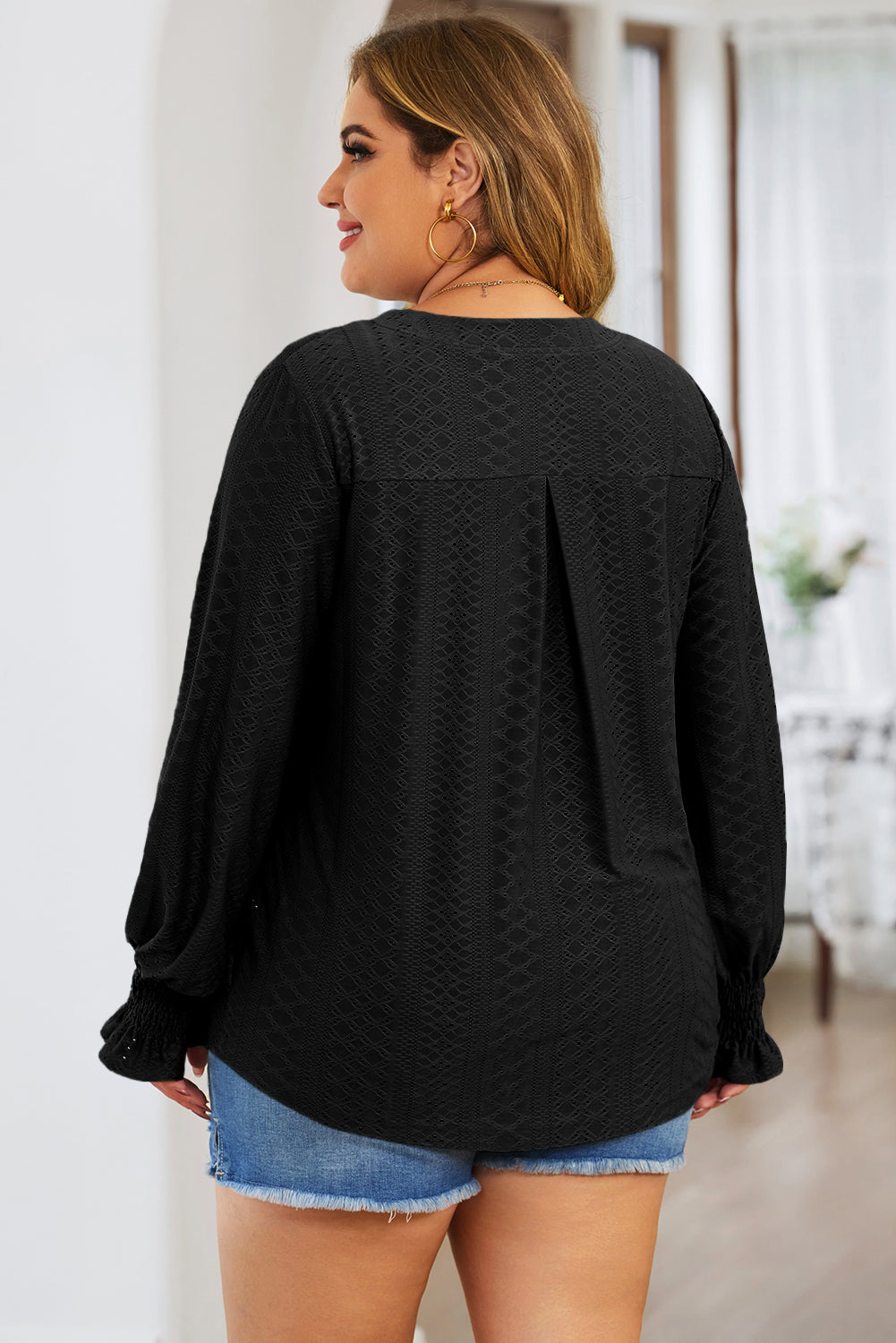 Black Eyelet Embroidered Split Neck Flounce Sleeve Curvy Top Plus Size JT's Designer Fashion