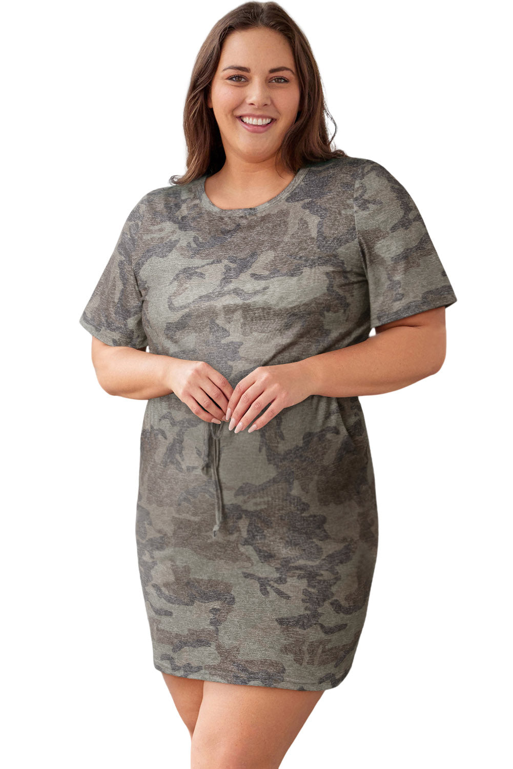 Green Plus Size Camouflage Drawstring Waist T-Shirt Dress Plus Size Dresses JT's Designer Fashion