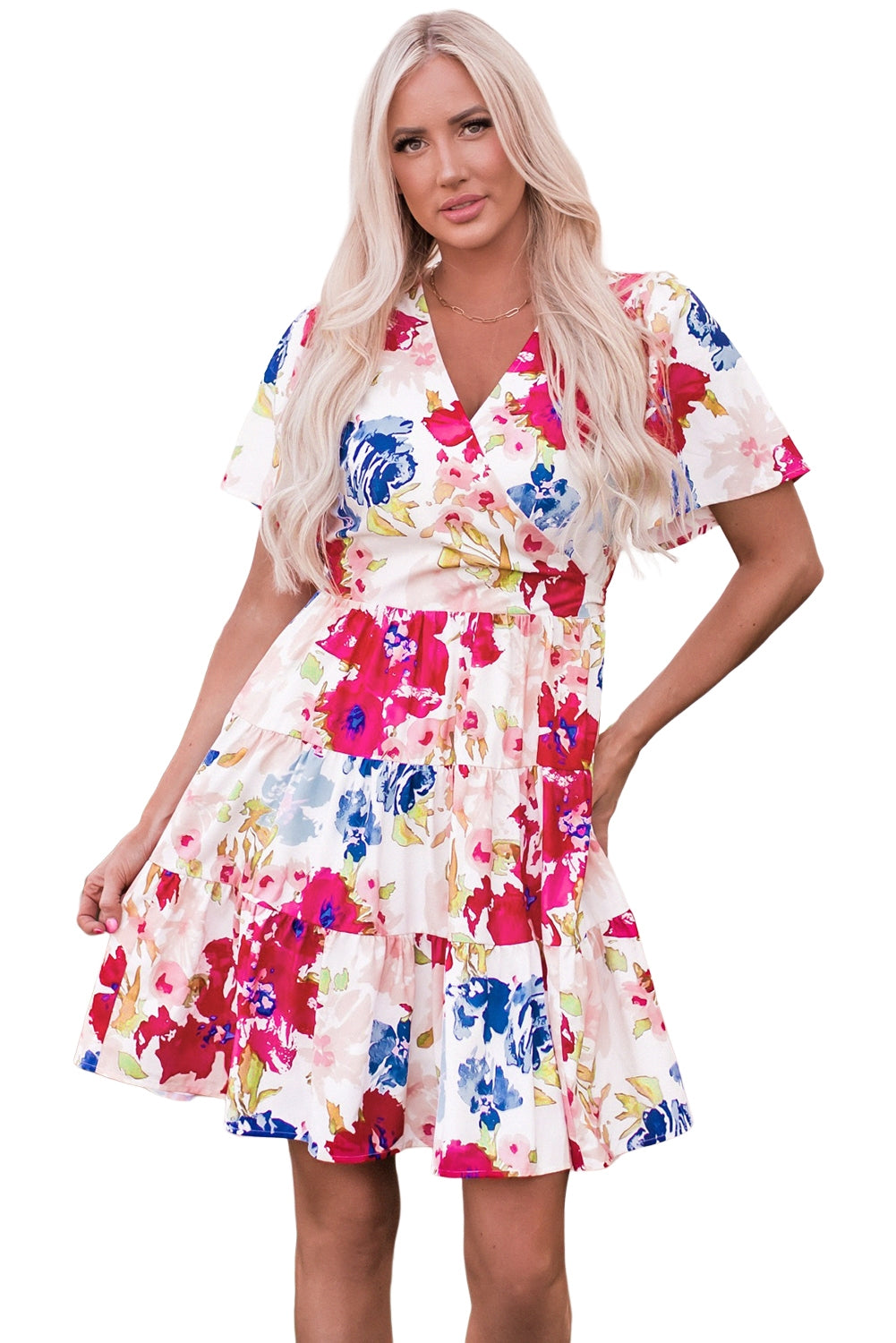 Multicolor Sweet Floral Wrap V Neck Skater Dress Floral Dresses JT's Designer Fashion