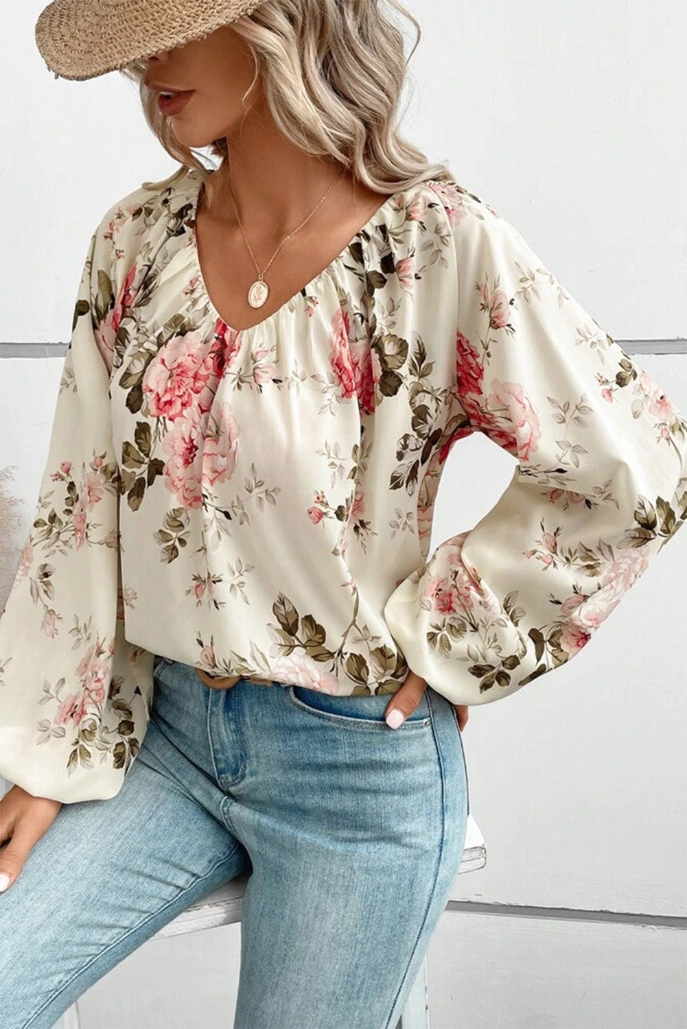 Apricot Printed Plus Size Floral V Neck Puff Sleeve Blouse Plus Size JT's Designer Fashion