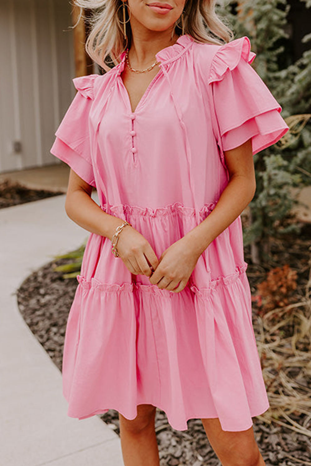 Pink V Neck Layered Ruffled Sleeves Mini Dress Mini Dresses JT's Designer Fashion