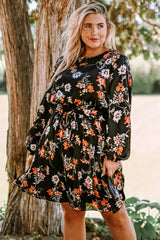 Black Plus Size Drawstring Long Sleeve Floral Dress Plus Size Dresses JT's Designer Fashion