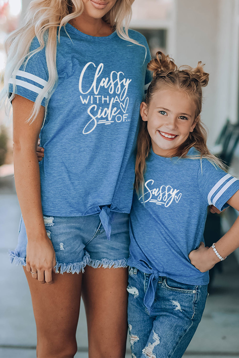 Blue Family Matching Letter Printed Tie Knot Short Sleeve Top Blue Family T-shirts JT's Designer Fashion