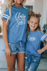 Blue Family Matching Letter Printed Tie Knot Short Sleeve Girl's Top Family T-shirts JT's Designer Fashion