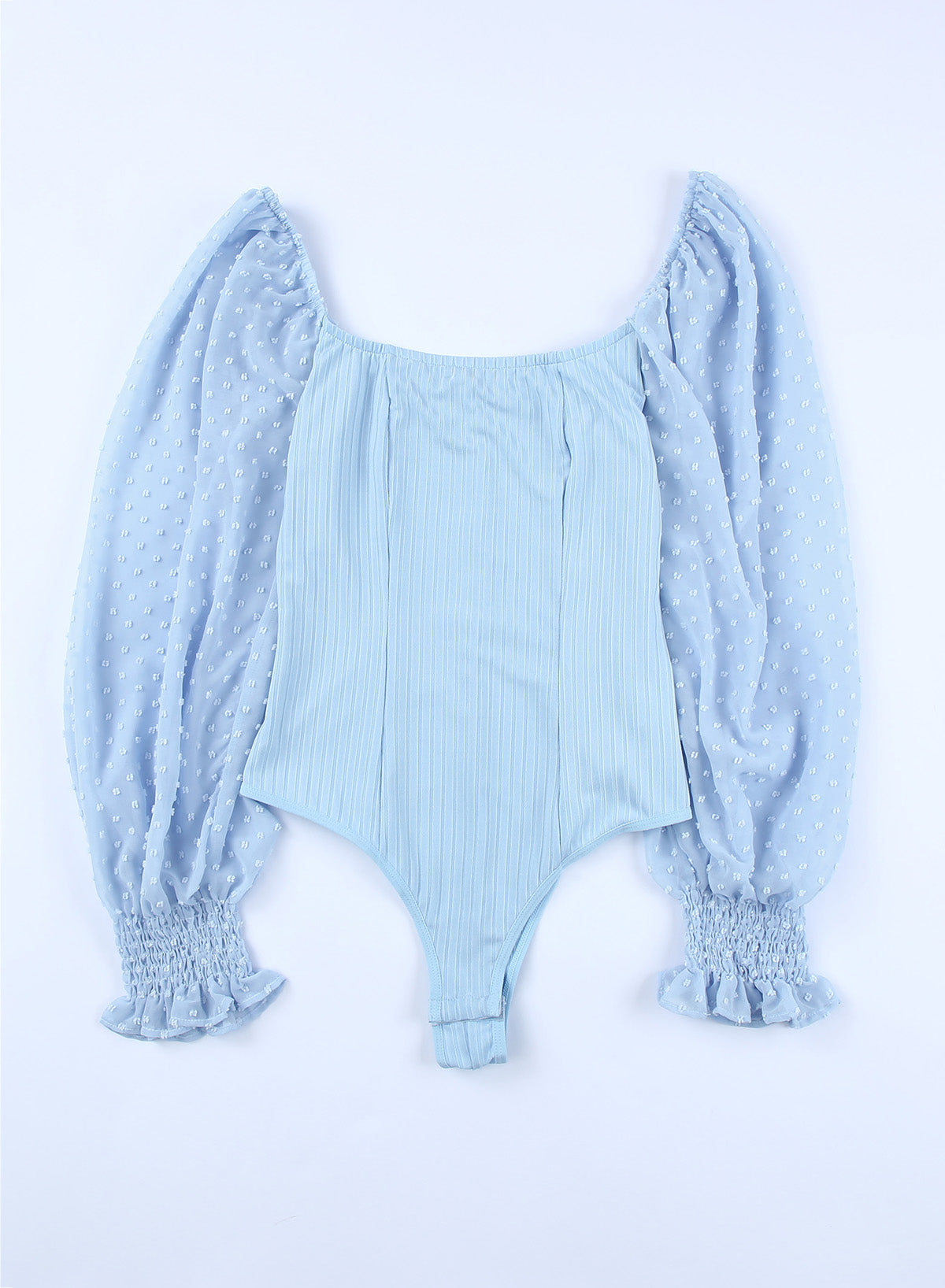 Sky Blue Solid Swiss Dot Ribbed Puff Sleeve Bodysuit Bodysuits JT's Designer Fashion