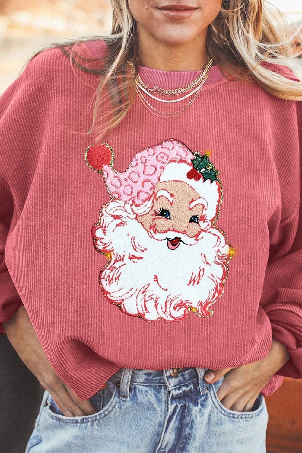 Strawberry Pink Santa Claus Sparkle Corded Crew Neck Sweatshirt Strawberry Pink 100%Polyester Graphic Sweatshirts JT's Designer Fashion