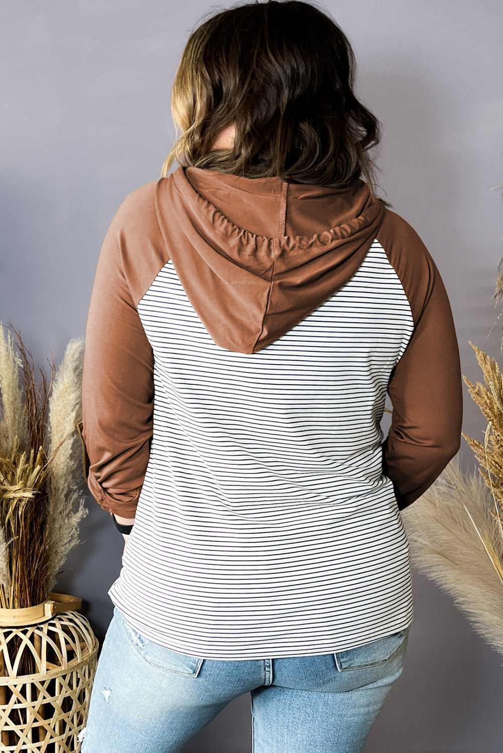 Brown Green Striped Raglan Sleeve Buttoned Pocket Plus Size Hoodie Plus Size JT's Designer Fashion