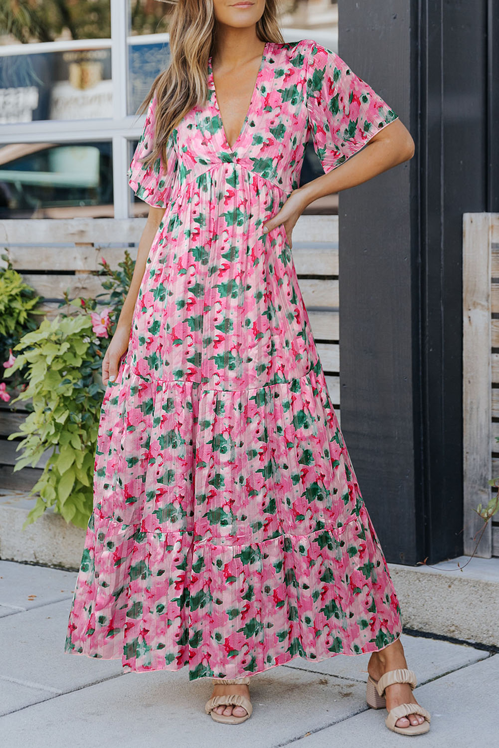 Pink Wide Sleeves Floral Print Maxi Dress Maxi Dresses JT's Designer Fashion