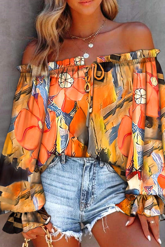 Orange Floral Print Drawstring Ruffled Off Shoulder Loose Blouse Blouses & Shirts JT's Designer Fashion